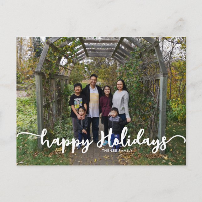 Happy Holidays Script Calligraphy Family Photo Holiday Postcard (Front)