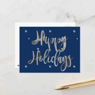 Happy Holidays Script Chic Blue and Silver Grey Holiday Postcard