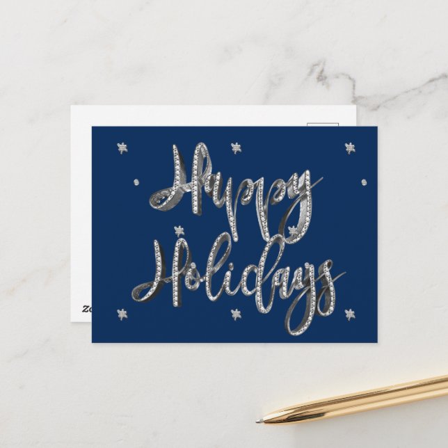 Happy Holidays Script Chic Blue and Silver Grey Holiday Postcard (Front/Back In Situ)