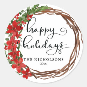Happy Holidays Script Christmas Red Holly Wreath  Classic Round Sticker