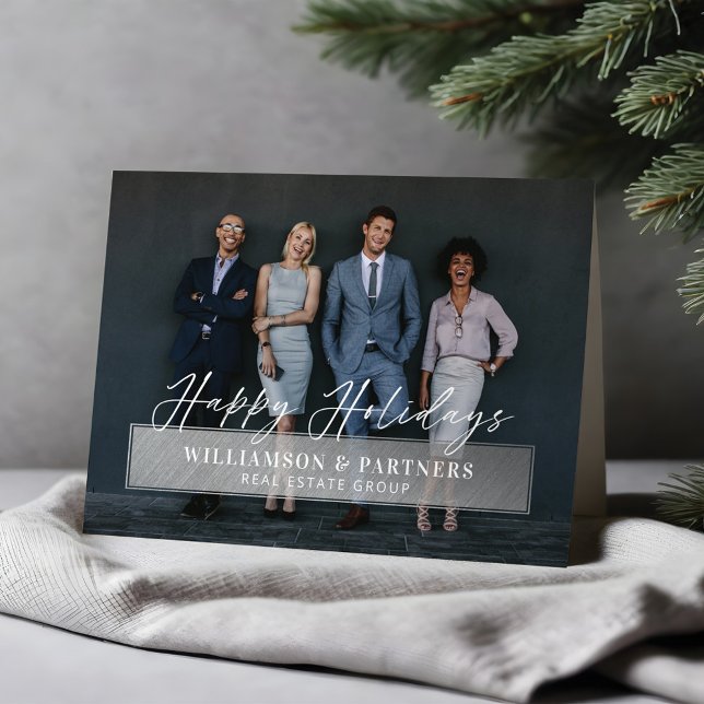 Happy Holidays Script Company Photo Silver Plaque Card (Happy Holidays Script Company Photo Silver Plaque Card)