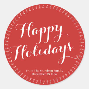 Happy Holidays script dark red custom family name Classic Round Sticker