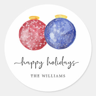 Happy Holidays Script Elegant Red Blue Ornaments Classic Round Sticker