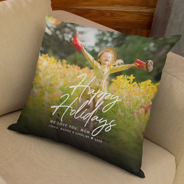 Happy Holidays Script Family Photo Custom Message Cushion (Creator Uploaded)