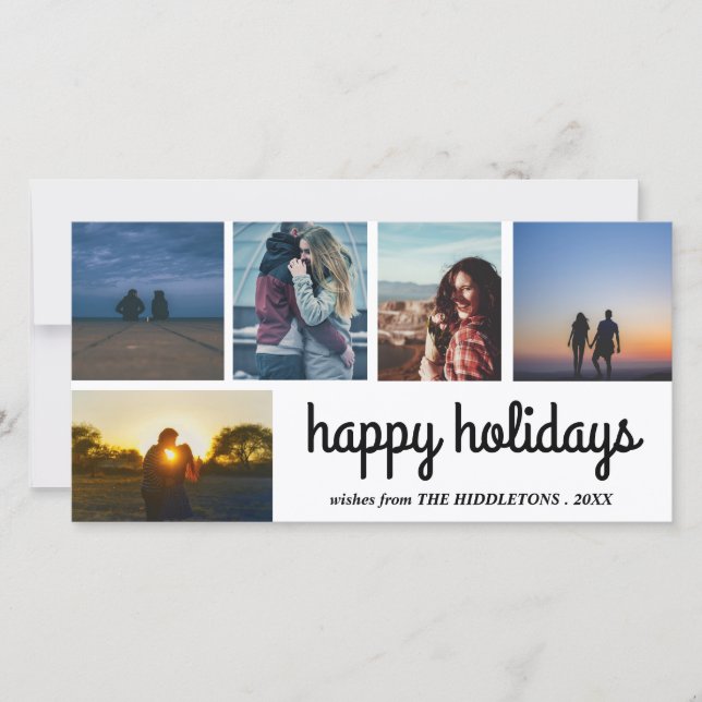 Happy Holidays Script Five Photo Collage Holiday Card (Front)