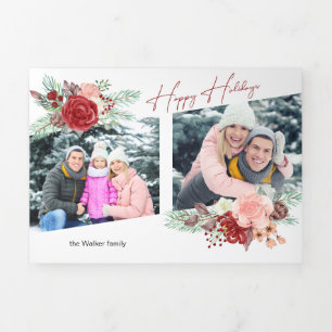 Happy Holidays Script Floral Diagonal 2-Photo Tri-Fold Holiday Card