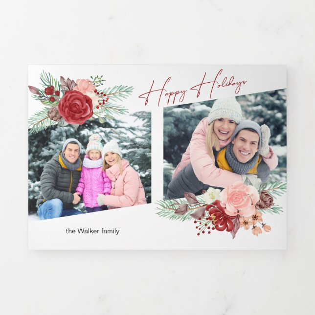 Happy Holidays Script Floral Diagonal 2-Photo Tri-Fold Holiday Card (Cover)