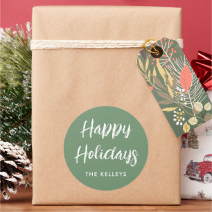 Happy Holidays Script Green Personalised Classic Round Sticker
