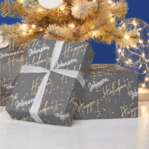 Happy Holidays Script Name Gold Confetti Grey Grey Wrapping Paper