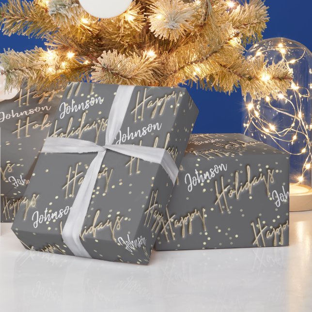 Happy Holidays Script Name Gold Confetti Grey Grey Wrapping Paper (Holidays)