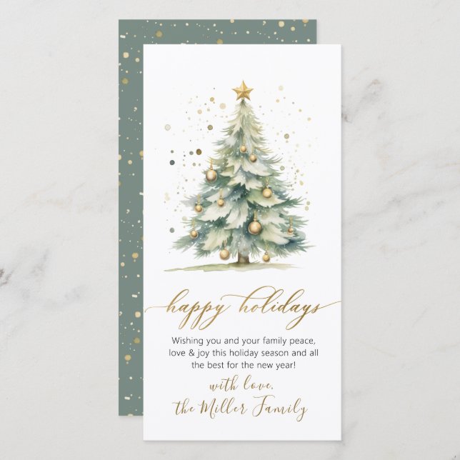 Happy Holidays Script Non Photo Christmas Tree Holiday Card (Front/Back)