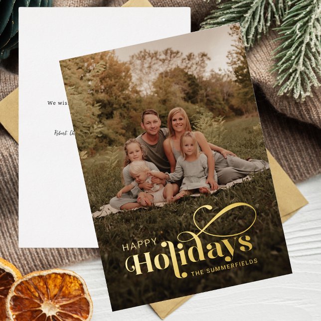 Happy Holidays Script Photo Christmas Gold Foil Holiday Card (Rustic Christmas Holidays Family Photo Greetings Gold Foil Card)