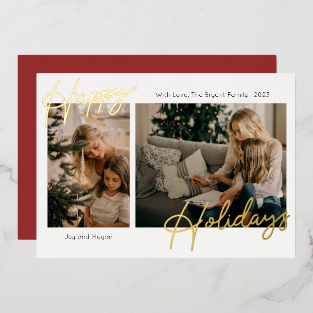 Happy Holidays Script Photo Foil Holiday Card (Front/Back)