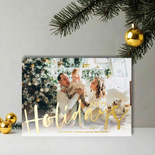Happy Holidays Script Photo Gold Foil Holiday Card