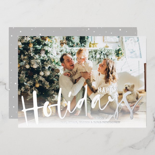 Happy Holidays Script Photo Silver Foil Holiday Card (Front/Back)