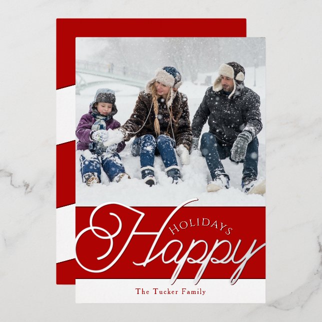 Happy Holidays Script Red & Silver Photo Christmas Foil Holiday Card (Front/Back)