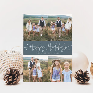 Happy Holidays Script Slate Blue Multi Photo Holiday Card
