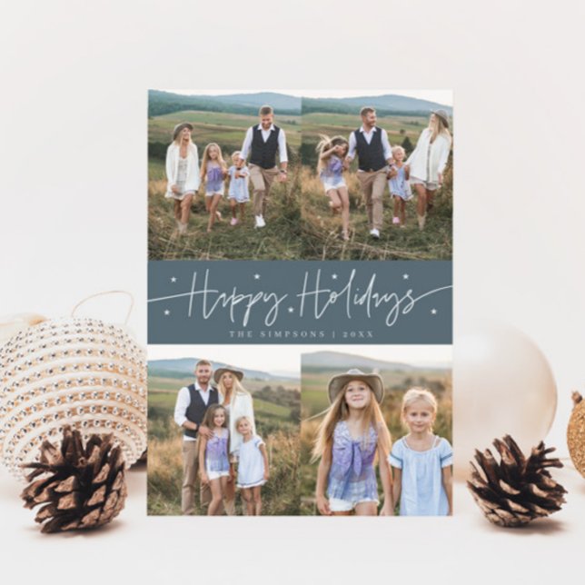 Happy Holidays Script Slate Blue Multi Photo Holiday Card (Creator Uploaded)