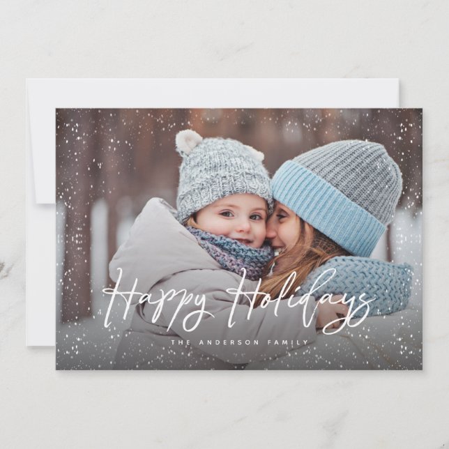Happy Holidays Script Snow Photo Holiday Card (Front)