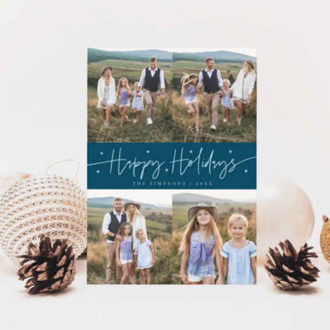 Happy Holidays Script Teal Multi Photo Holiday Card (Creator Uploaded)