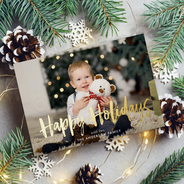 "Happy Holidays" Script Typography Custom Photo Foil Holiday Card (Creator Uploaded)