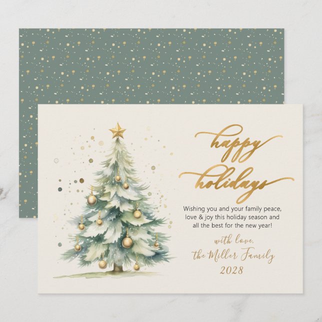 Happy Holidays Script Watercolor Christmas Tree Holiday Card (Front/Back)