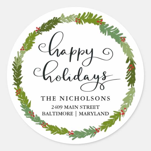Happy Holidays Script | Wreath Return Address   Classic Round Sticker (Front)