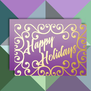 Happy Holidays Scrolly Frame Purple Foil Holiday Card