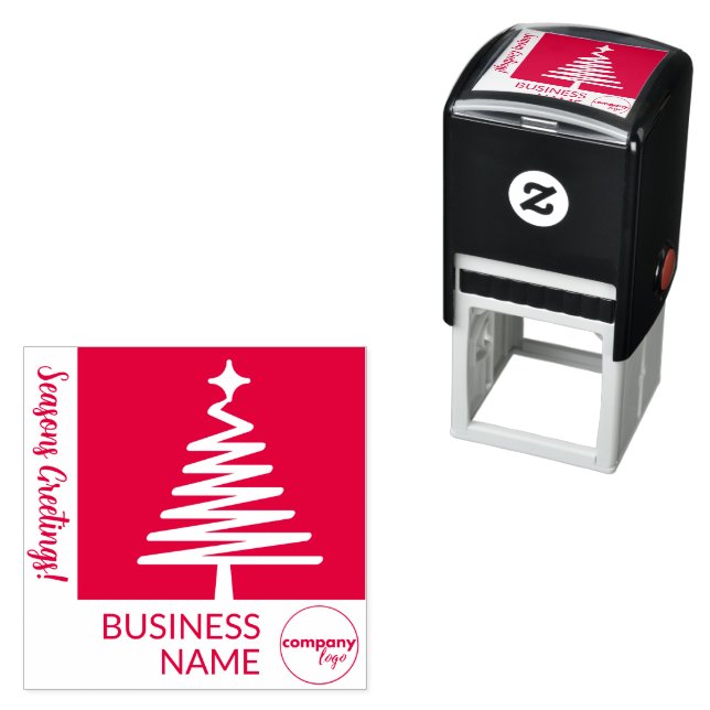 HAPPY HOLIDAYS SEASONAL TREE BUSINESS OWN LOGO SELF-INKING STAMP (In Situ)