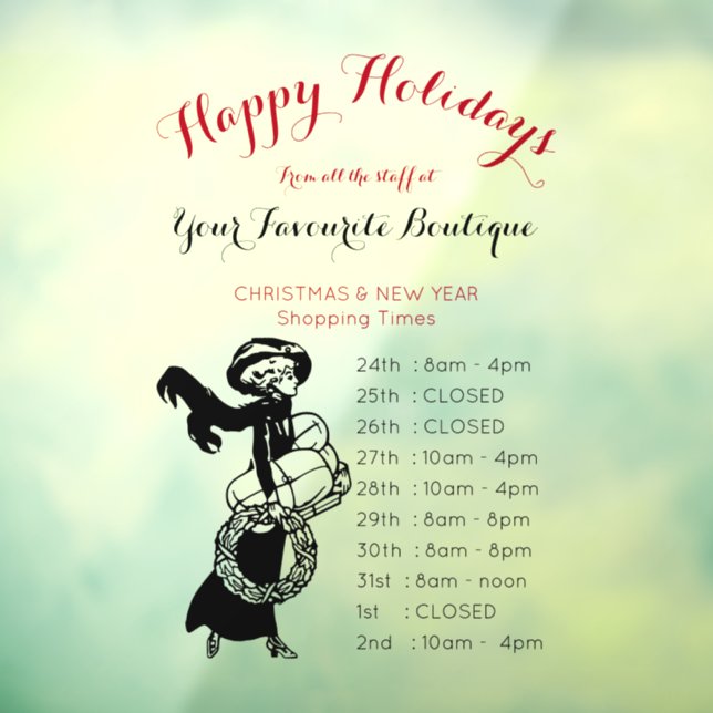 Happy Holidays shopping girl timetable black red Window Cling (Sheet 3)