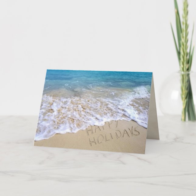 Happy Holidays sign on ocean beach Card (Front)