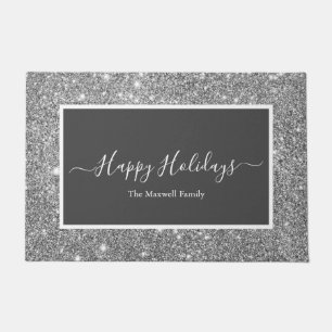 Happy Holidays silver glitter grey family name Doormat