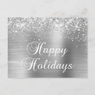 Happy Holidays Silver Glittery Faux Foil Holiday Postcard