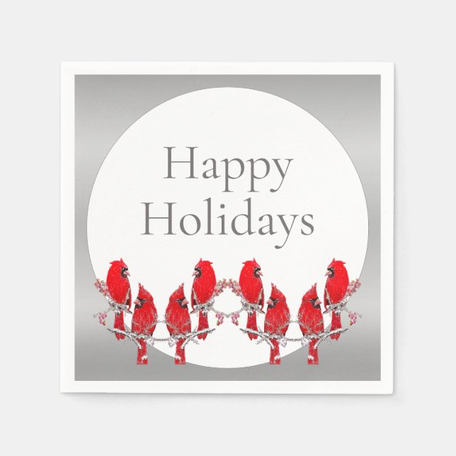Happy Holidays Silver Red Cardinal Napkin (Front)