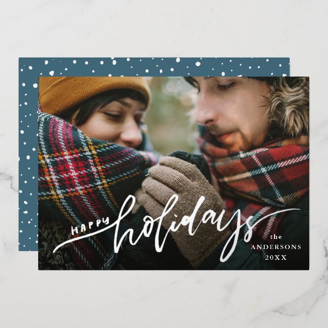 Happy Holidays Silver Script Photo Foil Holiday Card (Front/Back)