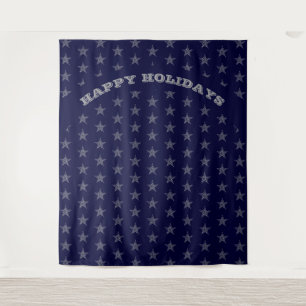 HAPPY HOLIDAYS   Silver Stars   BLUE Backdrop Tapestry