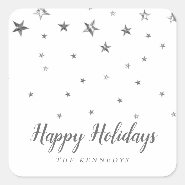 Happy Holidays Silver Stars Family Name Christmas  Square Sticker (Front)