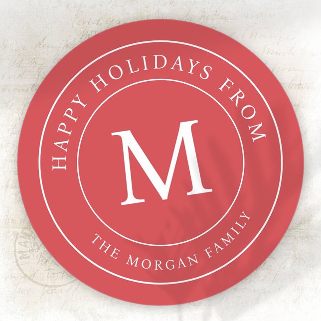 Happy Holidays Simple Chic Family Monogram Classic Round Sticker (Creator Uploaded)