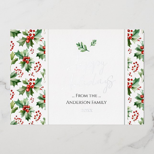 Happy Holidays Simple Christmas Berry Foil Holiday Card (Front)