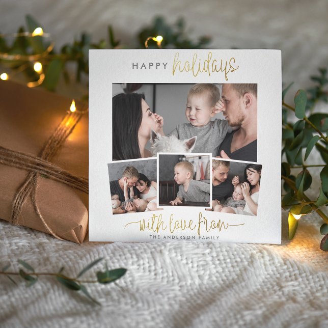 Happy Holidays Simple Gold Script 4 Photo Collage Holiday Card (The Card Front Mock-up)