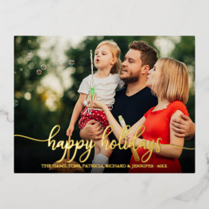 Happy Holidays Simple Modern Calligraphy Photo Foi Foil Holiday Postcard