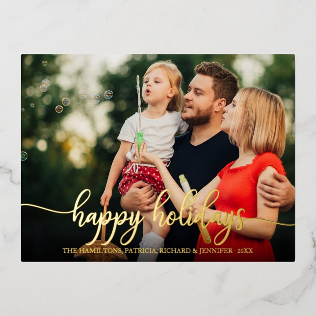 Happy Holidays Simple Modern Calligraphy Photo Foi Foil Holiday Postcard (Front)