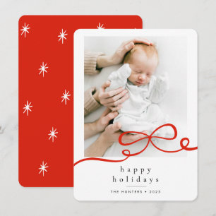 Happy Holidays Simple Red Ribbon Photo Rounded Holiday Card