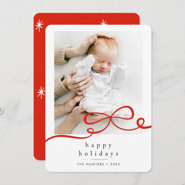 Happy Holidays Simple Red Ribbon Photo Rounded Holiday Card (Front/Back)