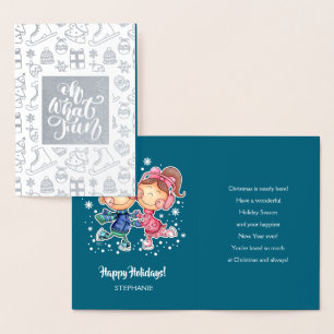 Happy Holidays. Skating Kids   Custom Name Luxury Foil Card