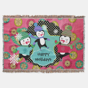 Happy Holidays Skating Penguins Holiday Throw Blanket