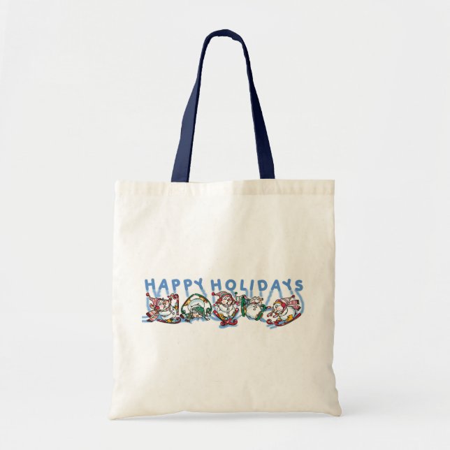 Happy Holidays Skiing Snowmen Tote Bag (Front)