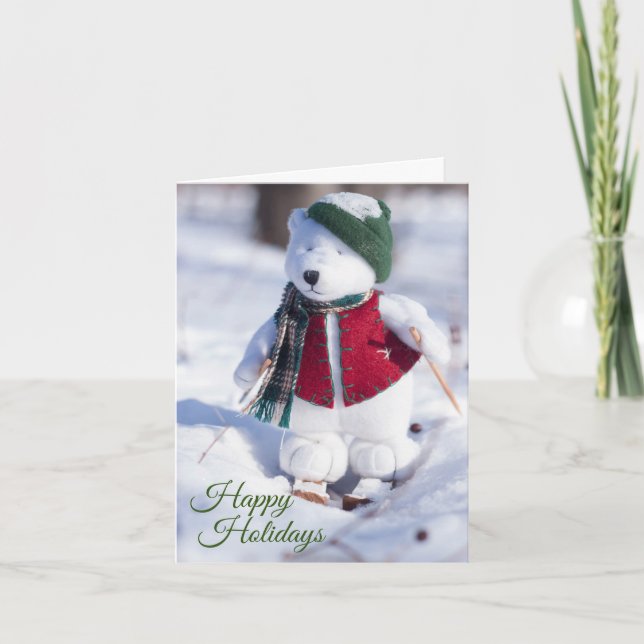 Happy Holidays Skiing Teddy Bear Photo Card (Front)