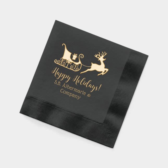 Happy Holidays Sleigh Reindeer Company Family Name Foil Napkins (Left)