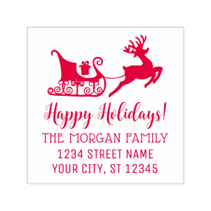 Happy Holidays Sleigh Reindeer Name Return Address Self-inking Stamp